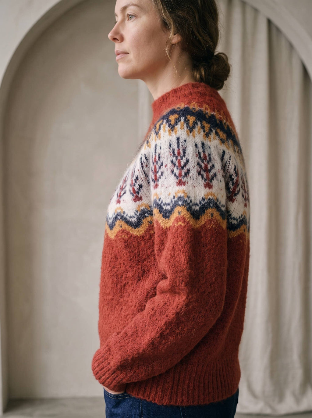Artisans of Humanity - Cashmere Blend Nordic Fair Isle Yoke Jumper | Rust Red