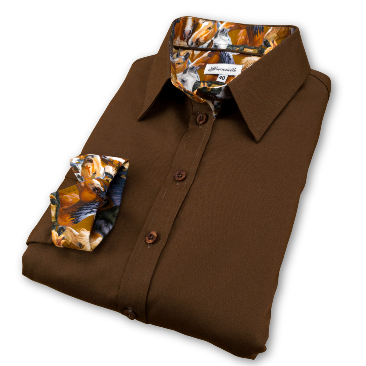 Salamander Shirts Ltd - Grenouille Ladies Brown Shirt with Horse Print Fabric Detail: 40