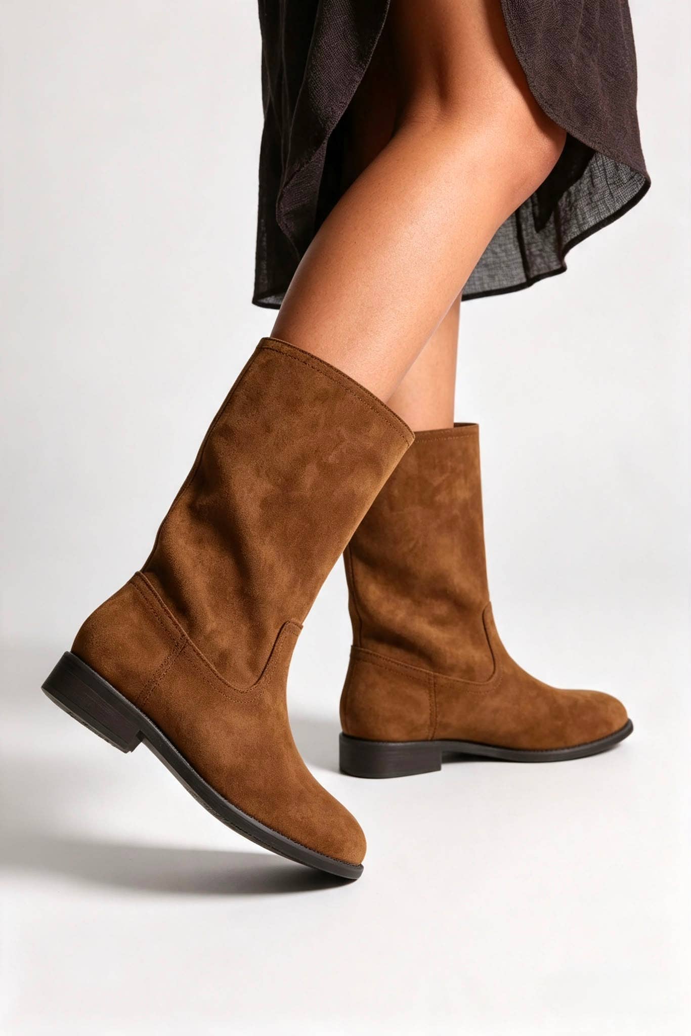 No Doubt Shoes - Designer Mid-Calf Suede Boots: KHAKI / STANDARD / UK8/US10