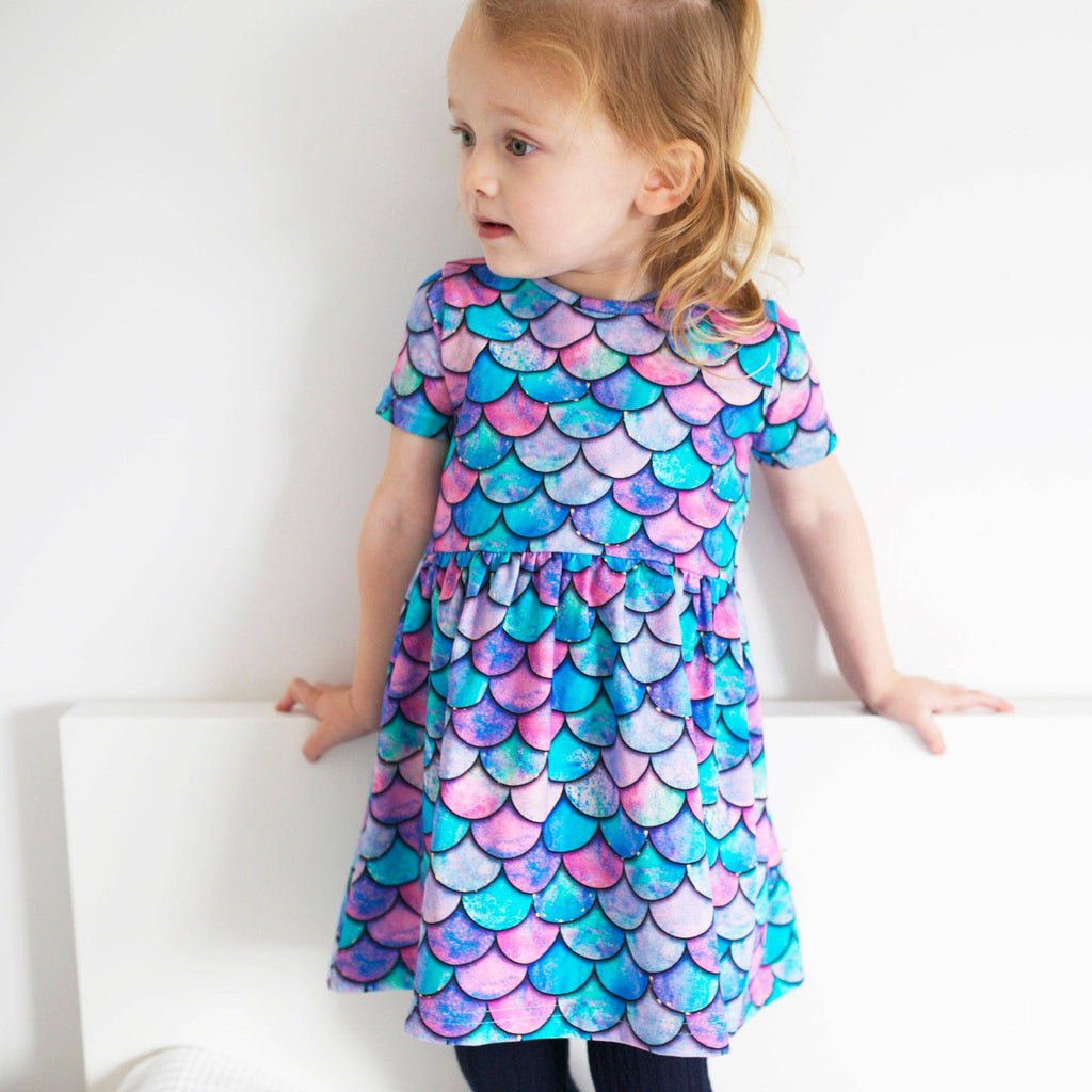 Girls Short Sleeve Cotton Dress - Mermaid Print: 2-3 Y
