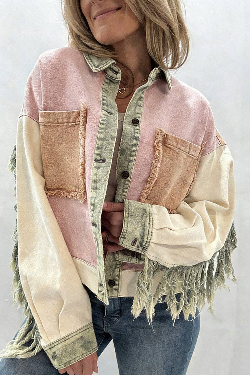 Mccolin - Stylish Patchwork Denim Jacket: GREEN / M