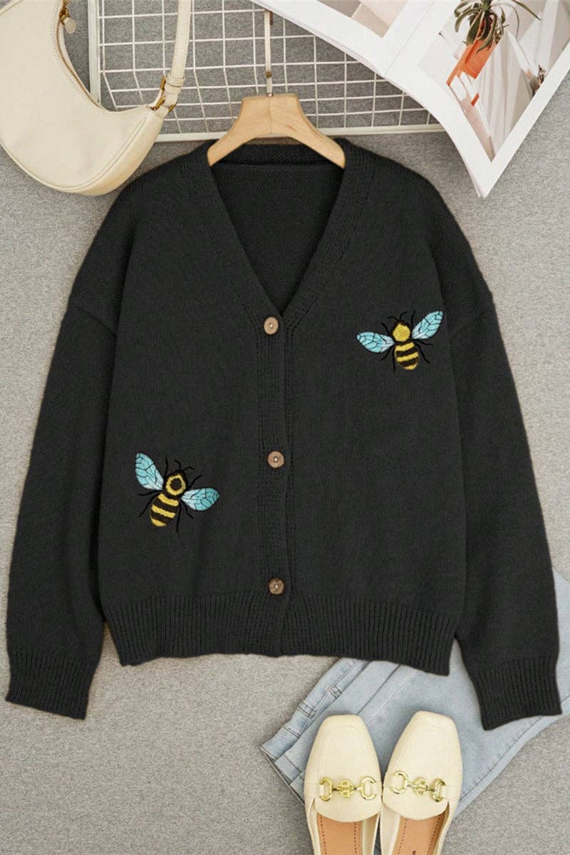 Mccolin - Bee Embellished Button-Up Cardigan: BLACK / L
