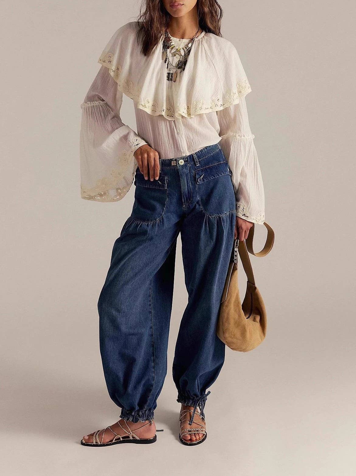 Rosa Clothing - Vintage wash cinch-tie banded ankle Balloon Jeans: DarkBlue / L