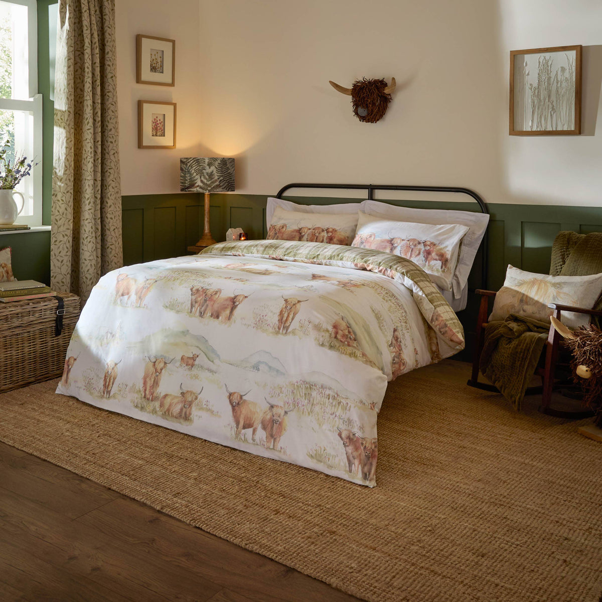Riva Home - Highland Cattle 100% Cotton Reversible Duvet Cover Set Multi: Multicolour / King