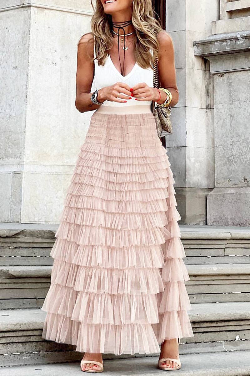 Mccolin - Layered Ruffle Maxi Skirt: KHAKI / M