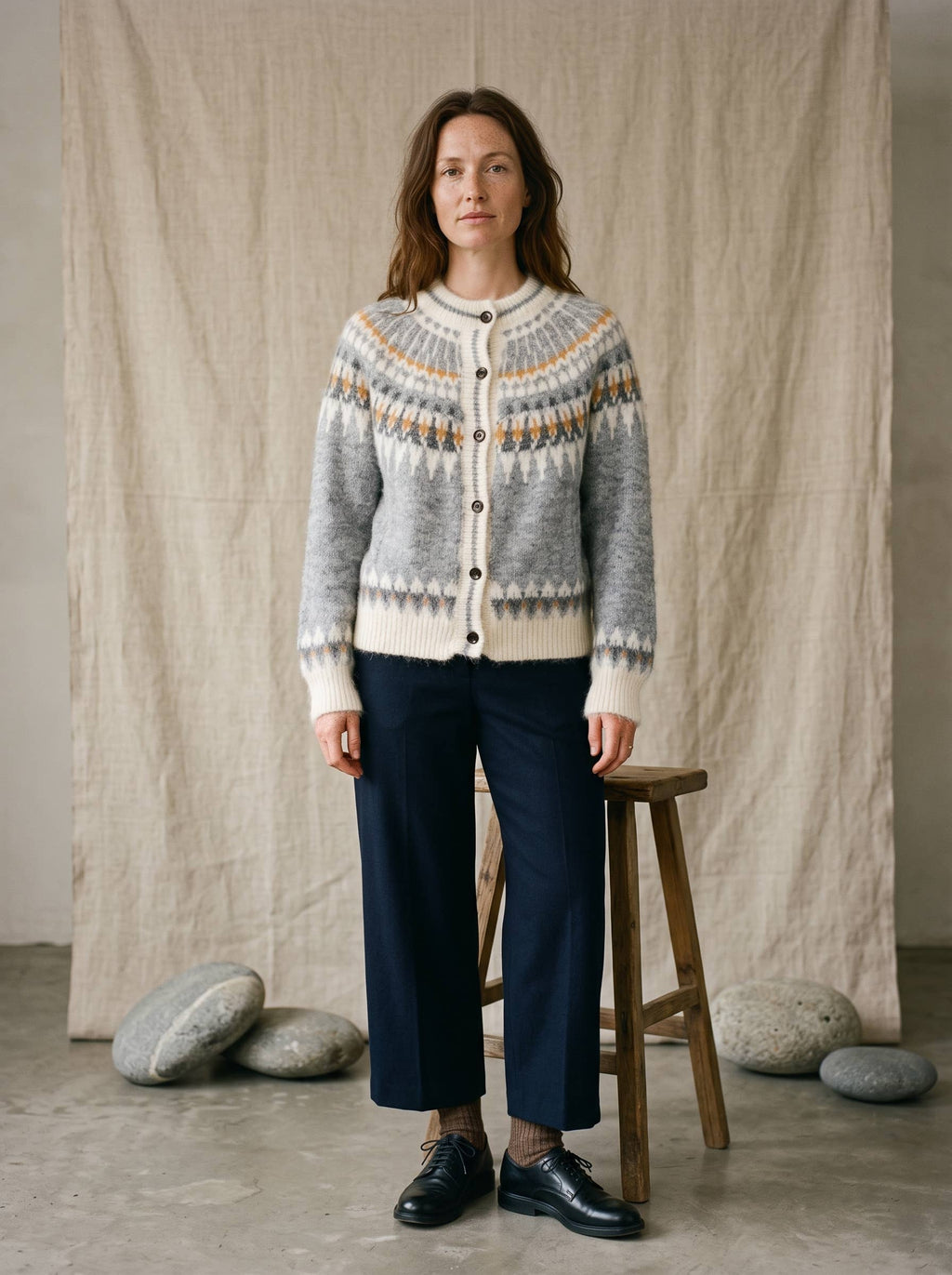 Artisans of Humanity - Cashmere Blend Fair Isle Button-Up Cardigan | Light Blue