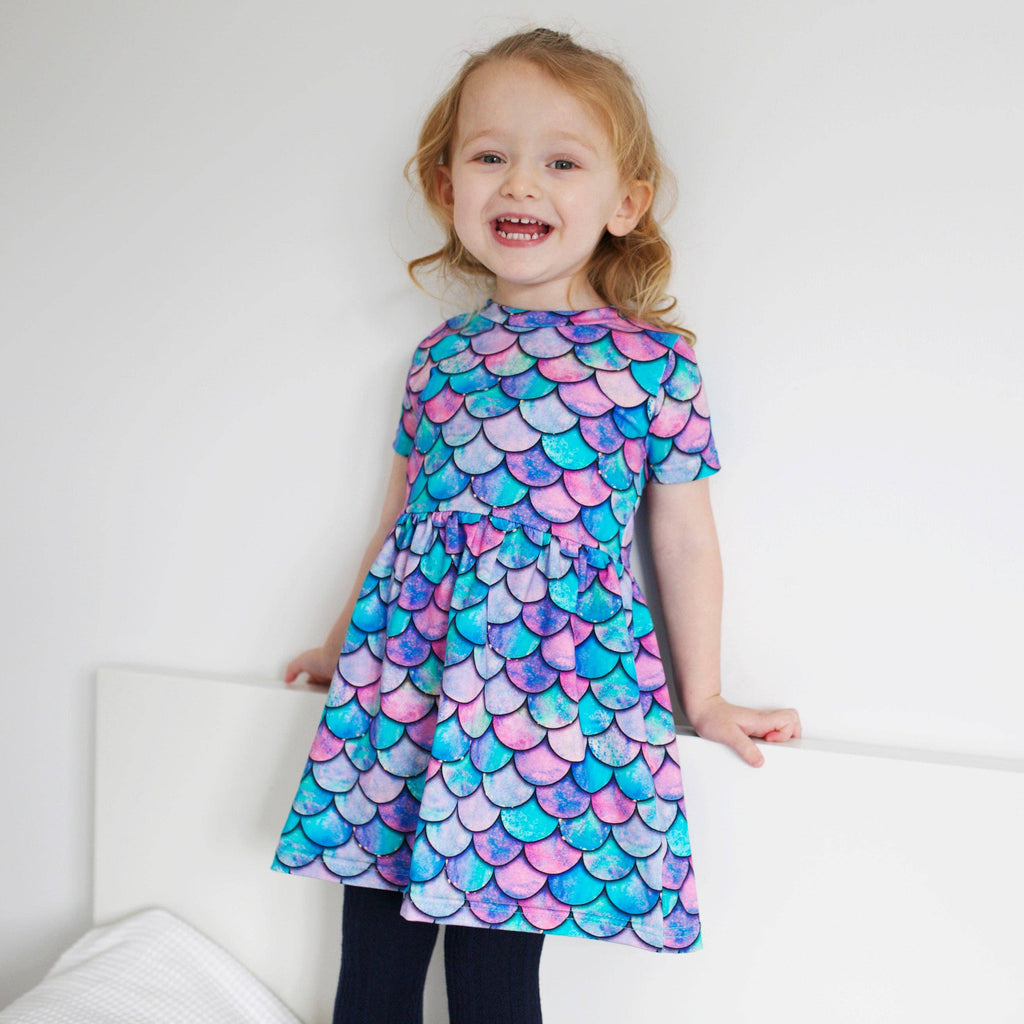 Girls Short Sleeve Cotton Dress - Mermaid Print: 4-5 Y