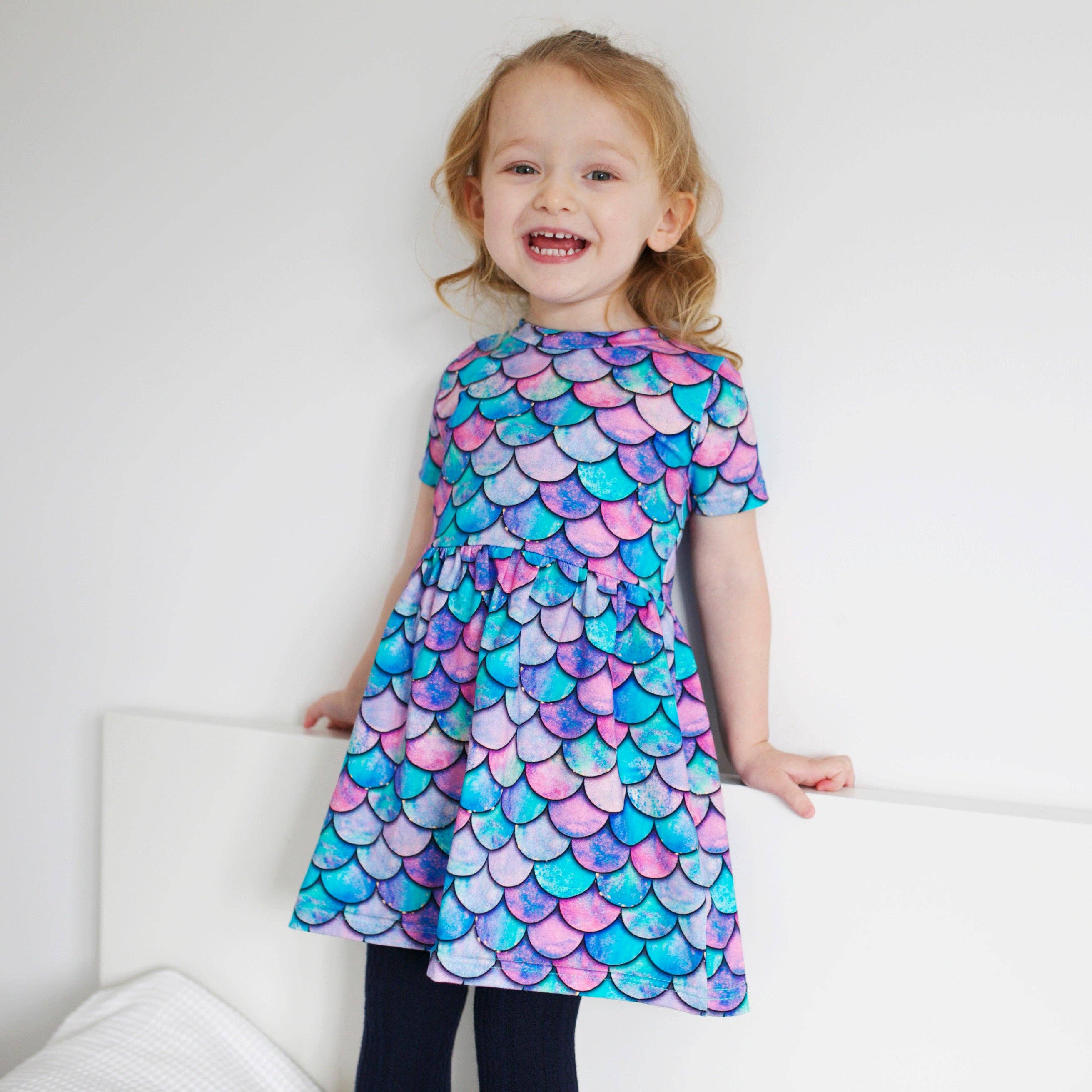 Girls Short Sleeve Cotton Dress - Mermaid Print: 6-7 Y