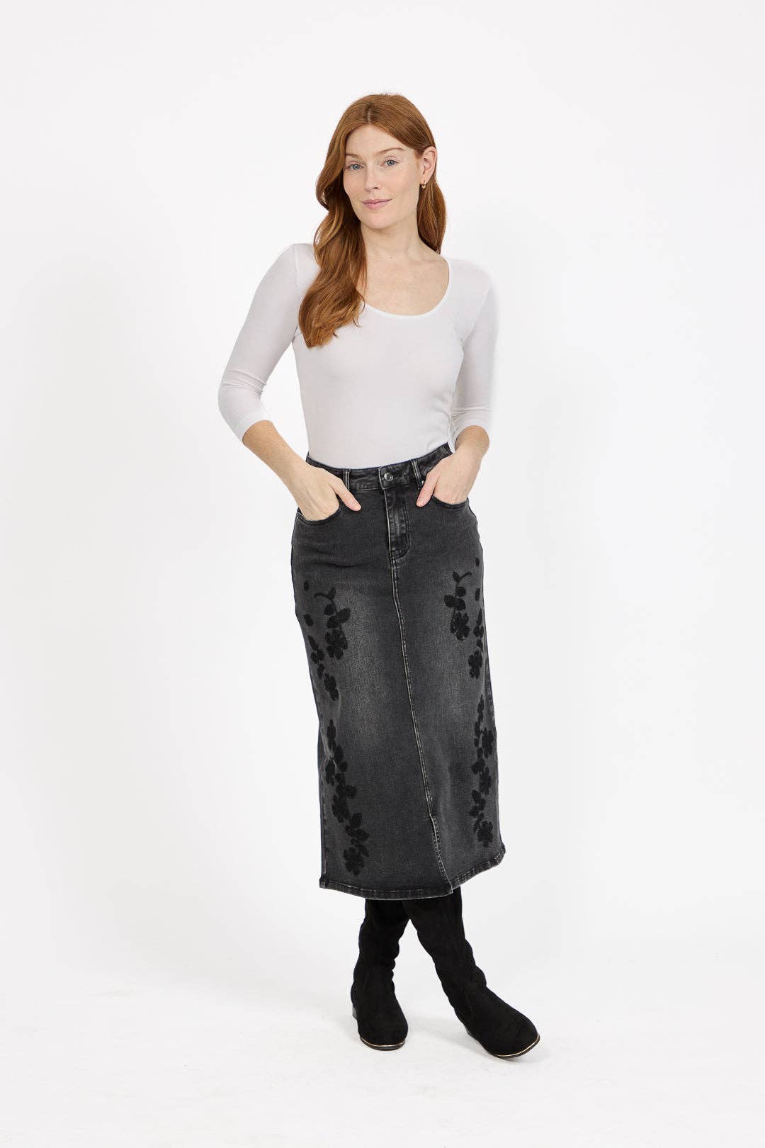 Mudflower - Embroidered Floral Washed Black Denim Midi Skirt - PACK OF 8: 16