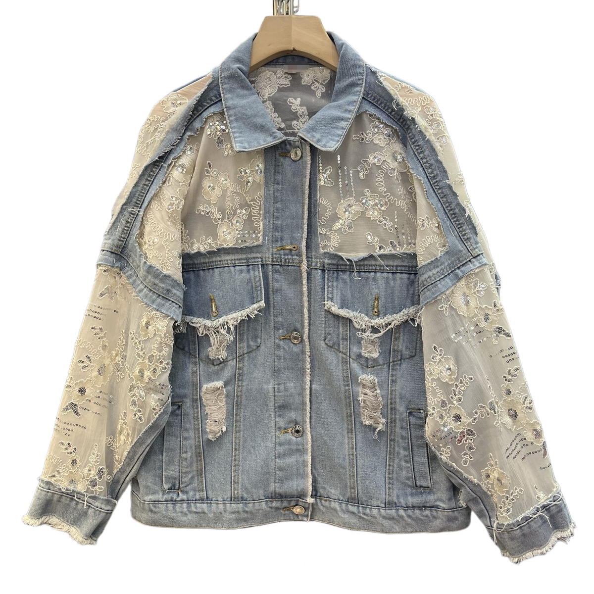 Rosa Clothing - Sheer Sequin Floral Embellished Oversized Denim Jacket: Blue / L