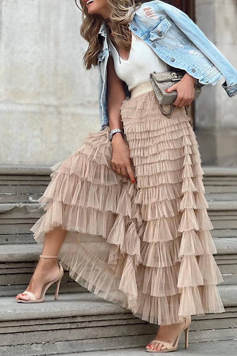Mccolin - Layered Ruffle Maxi Skirt: KHAKI / 2XL