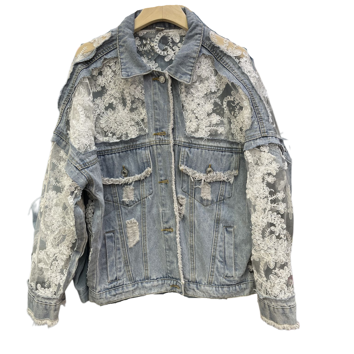 Rosa Clothing - Sheer Floral Lightweight Embroidered Lace Denim Jacket: Blue / M