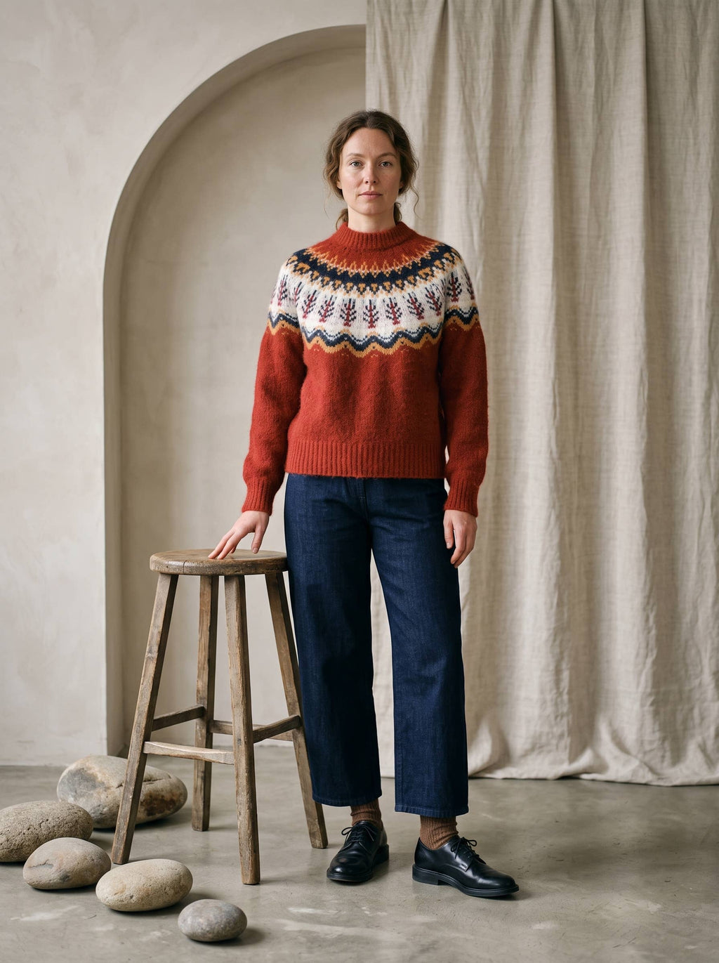 Artisans of Humanity - Cashmere Blend Nordic Fair Isle Yoke Jumper | Rust Red