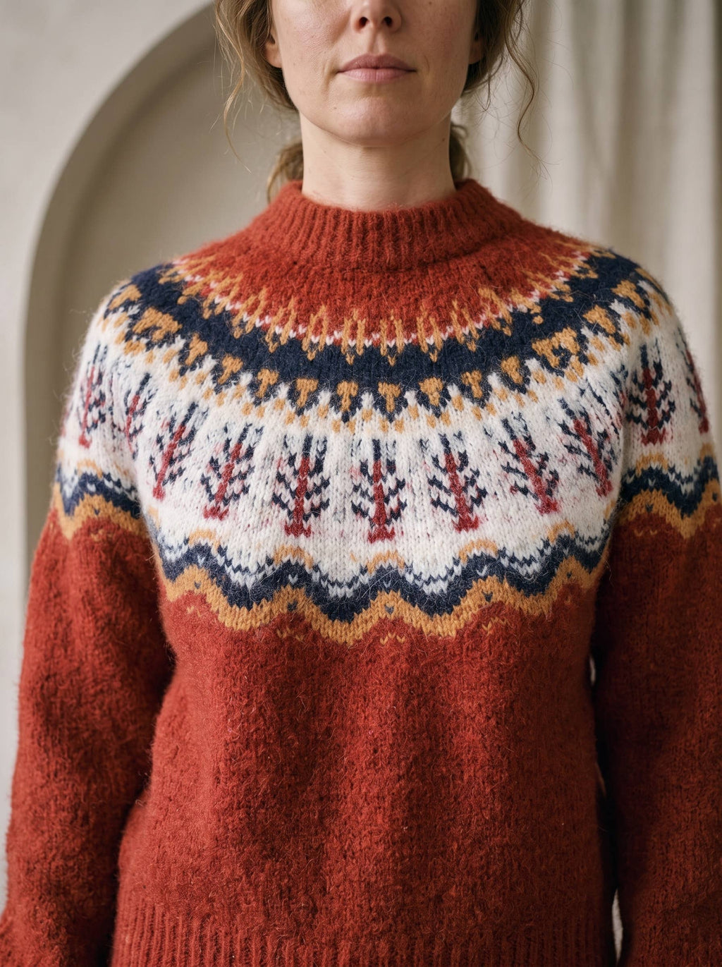 Artisans of Humanity - Cashmere Blend Nordic Fair Isle Yoke Jumper | Rust Red