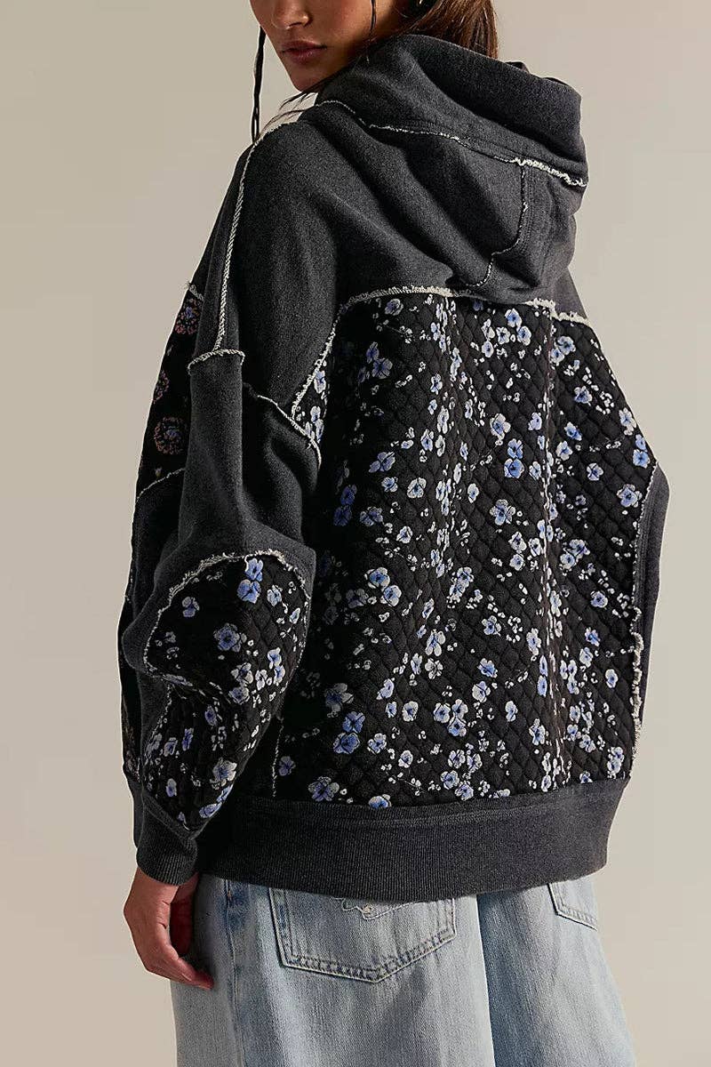 Mccolin - Patchwork Quilted Hoodie Sweatshirt: GREY / XL