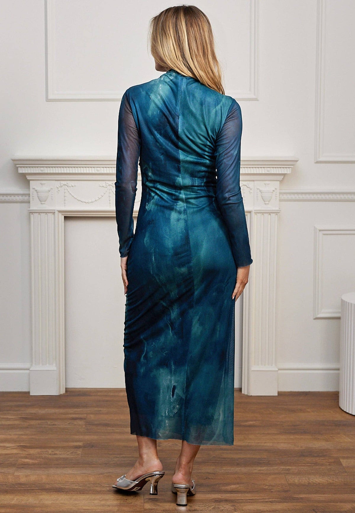 ANGELEYE - Mesh Long Sleeve Bodycon Midi Dress in Teal Watercolour: XL