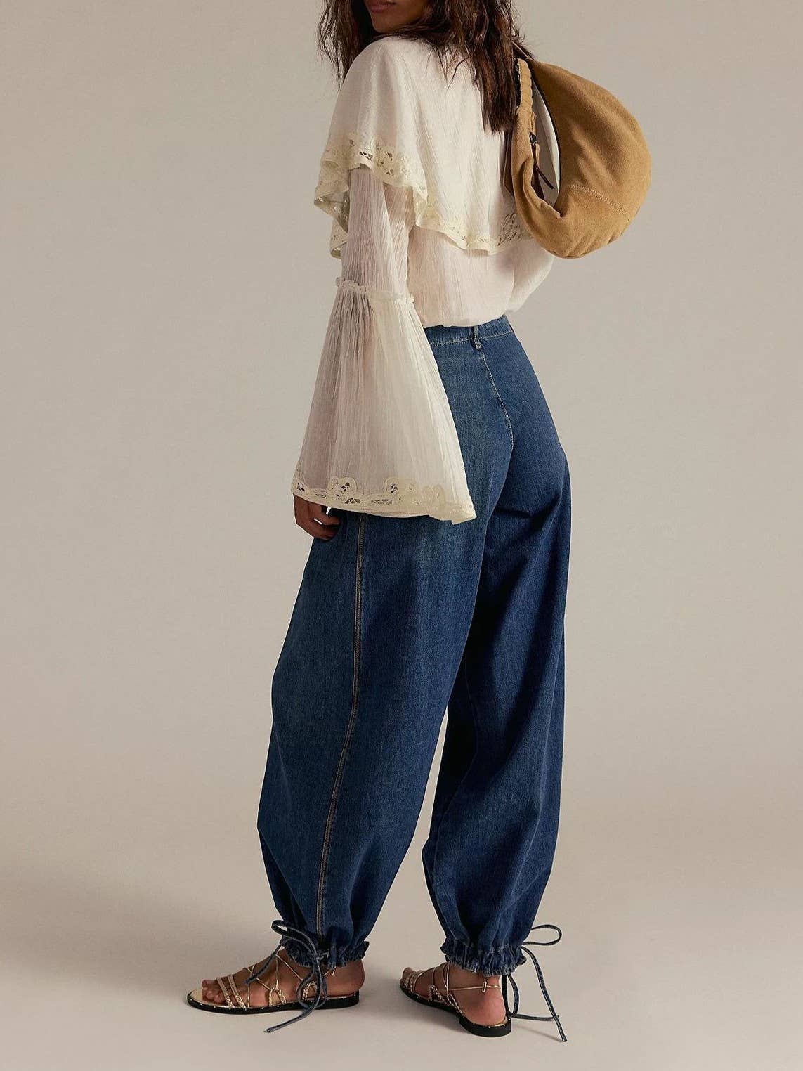 Rosa Clothing - Vintage wash cinch-tie banded ankle Balloon Jeans: DarkBlue / XL