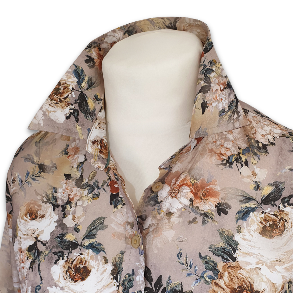 Salamander Shirts Ltd - Grenouille Ladies Taupe & White Floral Print Cotton Shirt: 42