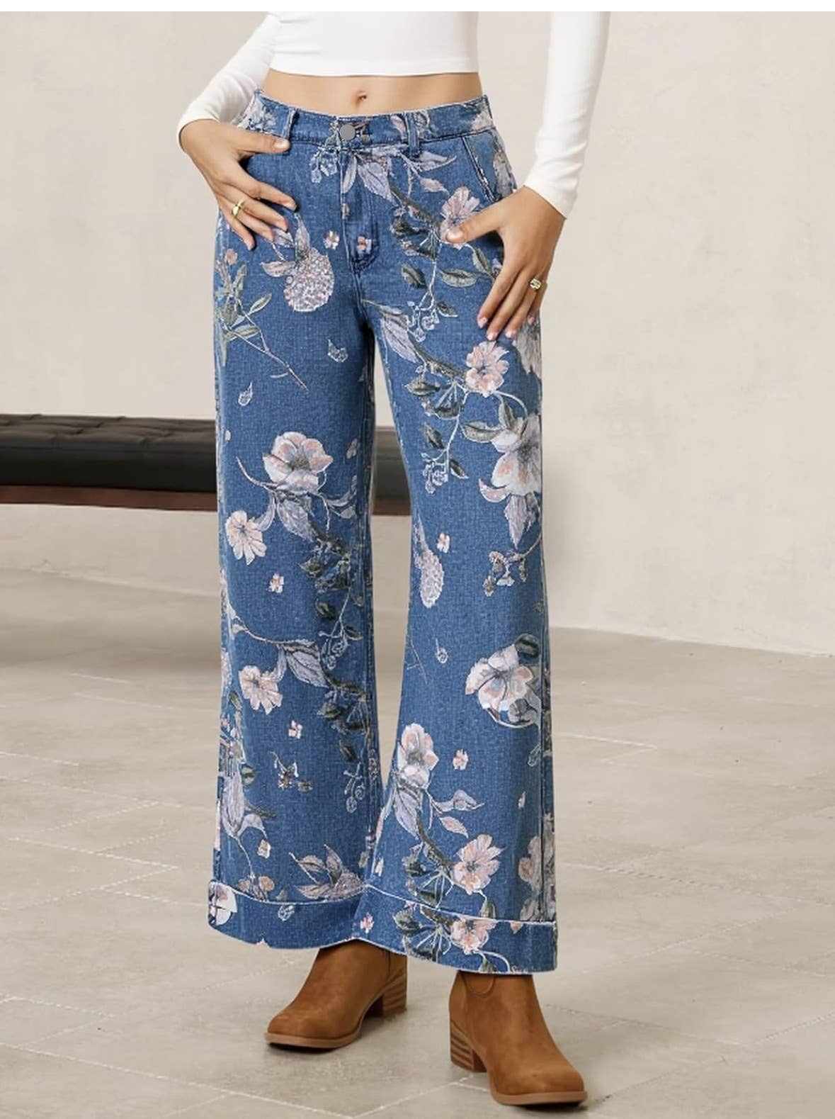 Rosa Clothing - Women Vintage Floral Print Wide Leg Jeans Boho Street Wear: Coffee / XL