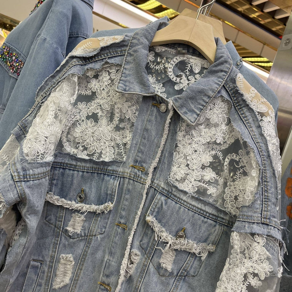 Rosa Clothing - Sheer Floral Lightweight Embroidered Lace Denim Jacket: Blue / M