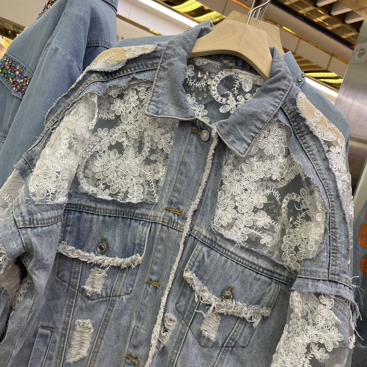 Rosa Clothing - Sheer Floral Lightweight Embroidered Lace Denim Jacket: Blue / M