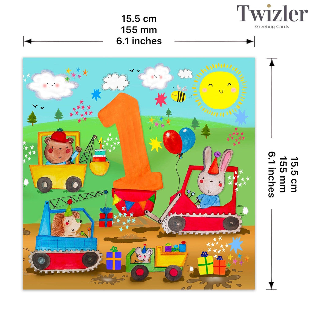 Twizler Ltd - Age 1 Boys Birthday Card - 1st - Diggers