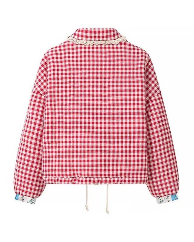 Rosa Clothing - Vintage Gingham Jacket with Heart Pockets and Lace Trim: Red / S