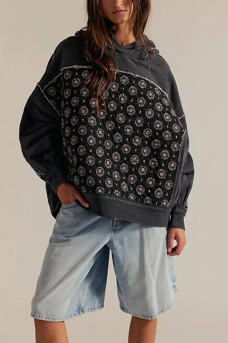 Mccolin - Patchwork Quilted Hoodie Sweatshirt: GREY / XL