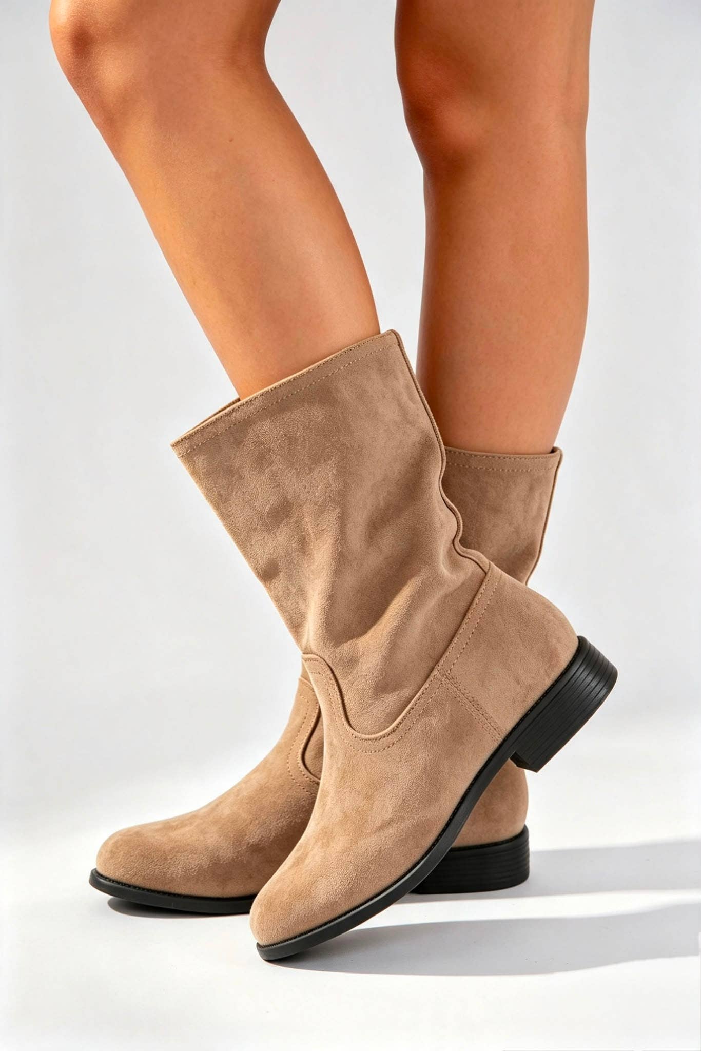 No Doubt Shoes - Designer Mid-Calf Suede Boots: KHAKI / STANDARD / UK8/US10