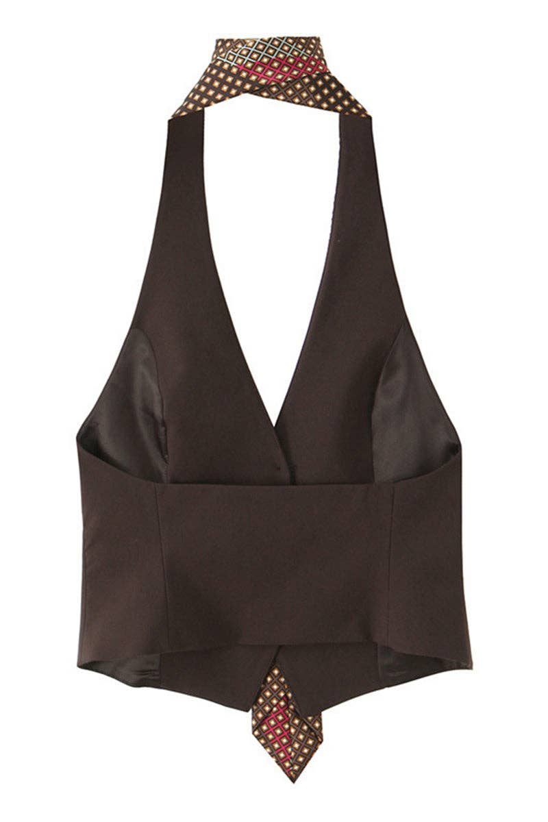 Mccolin - Halter Neck Vest Top with Tie Detail: BROWN / M