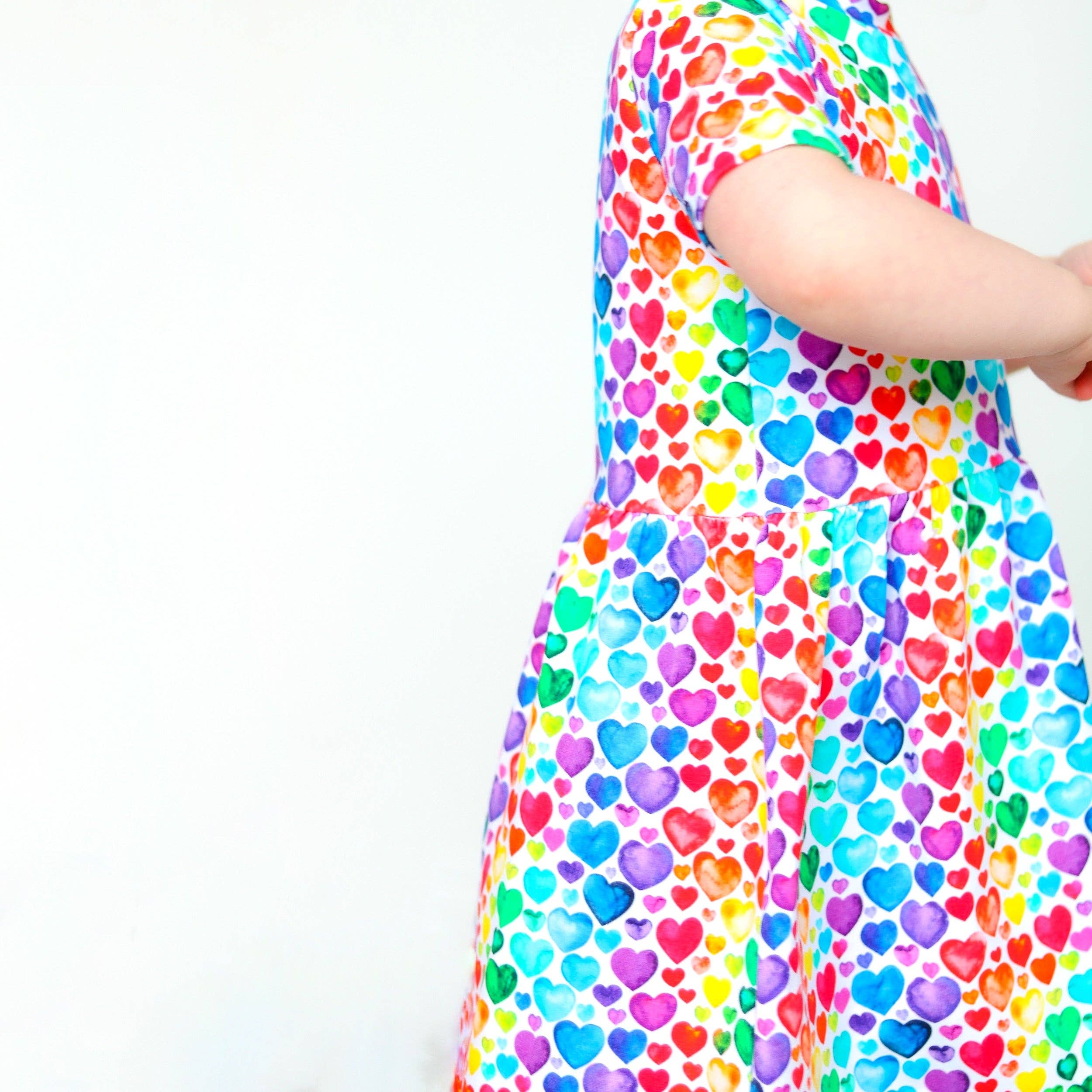 Girls Short Sleeve Cotton Dress -  Rainbow Hearts: 3-4 Y