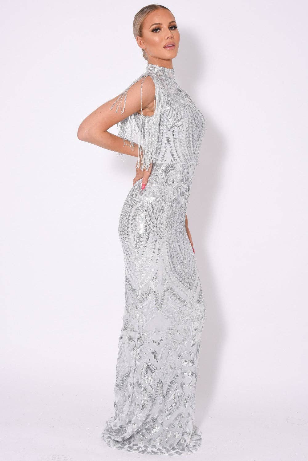 Nazz Collection Clothing Ltd - Magic Vip Silver Luxe Tassel Fringe Sequin Embellished Illusion Maxi Dress: 10