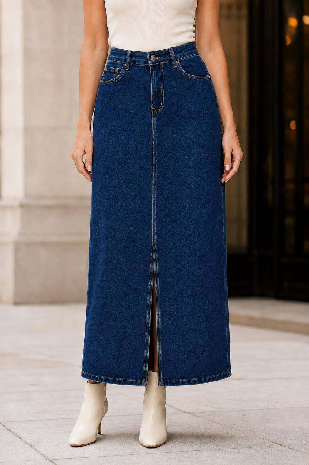 Kurt Muller - Voggo Classic Cotton Denim Slit Maxi Skirt