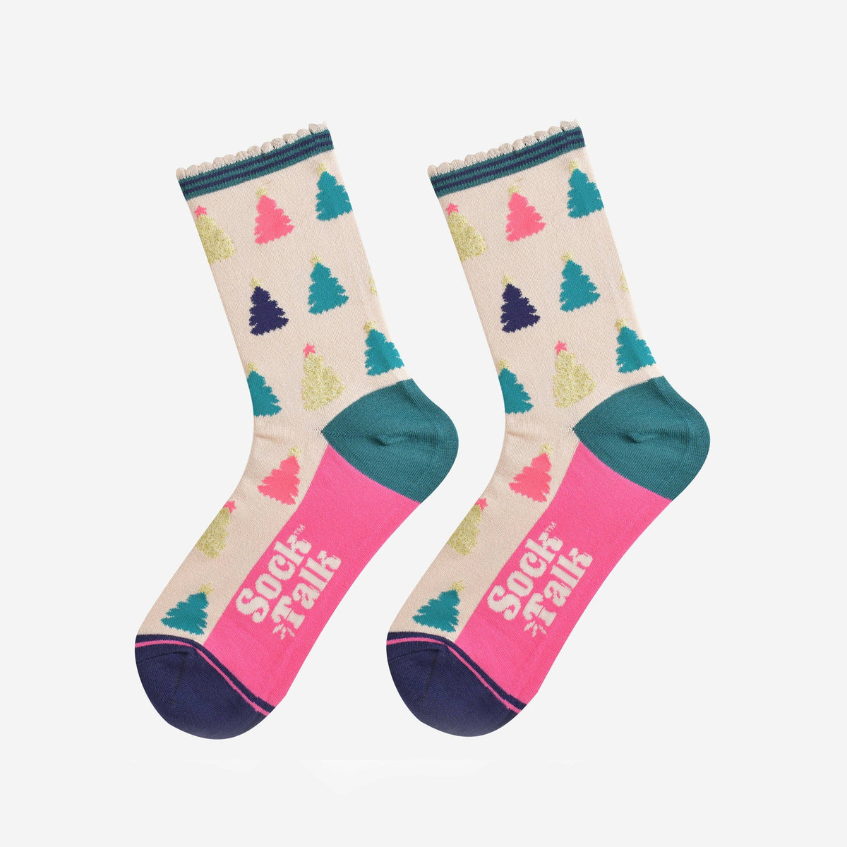 Sock Talk - Christmas Tree Bamboo Socks in Cream/Multi: UK 3-7 | EU 36-40 | US 5-9