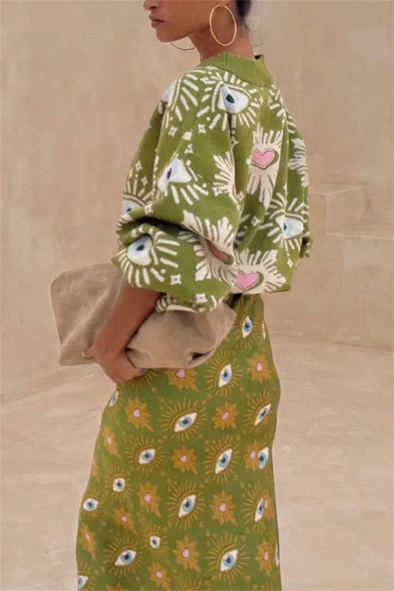 Mccolin - Eye Pattern Button-Front Cardigan: GREEN / L
