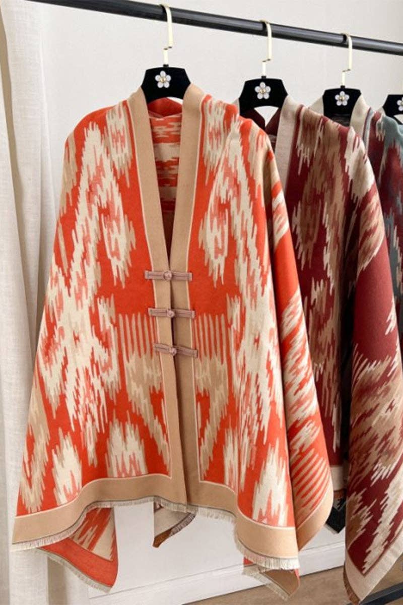 Mccolin - Print Toggle Front Cape Cardigan: BLUE / One Size