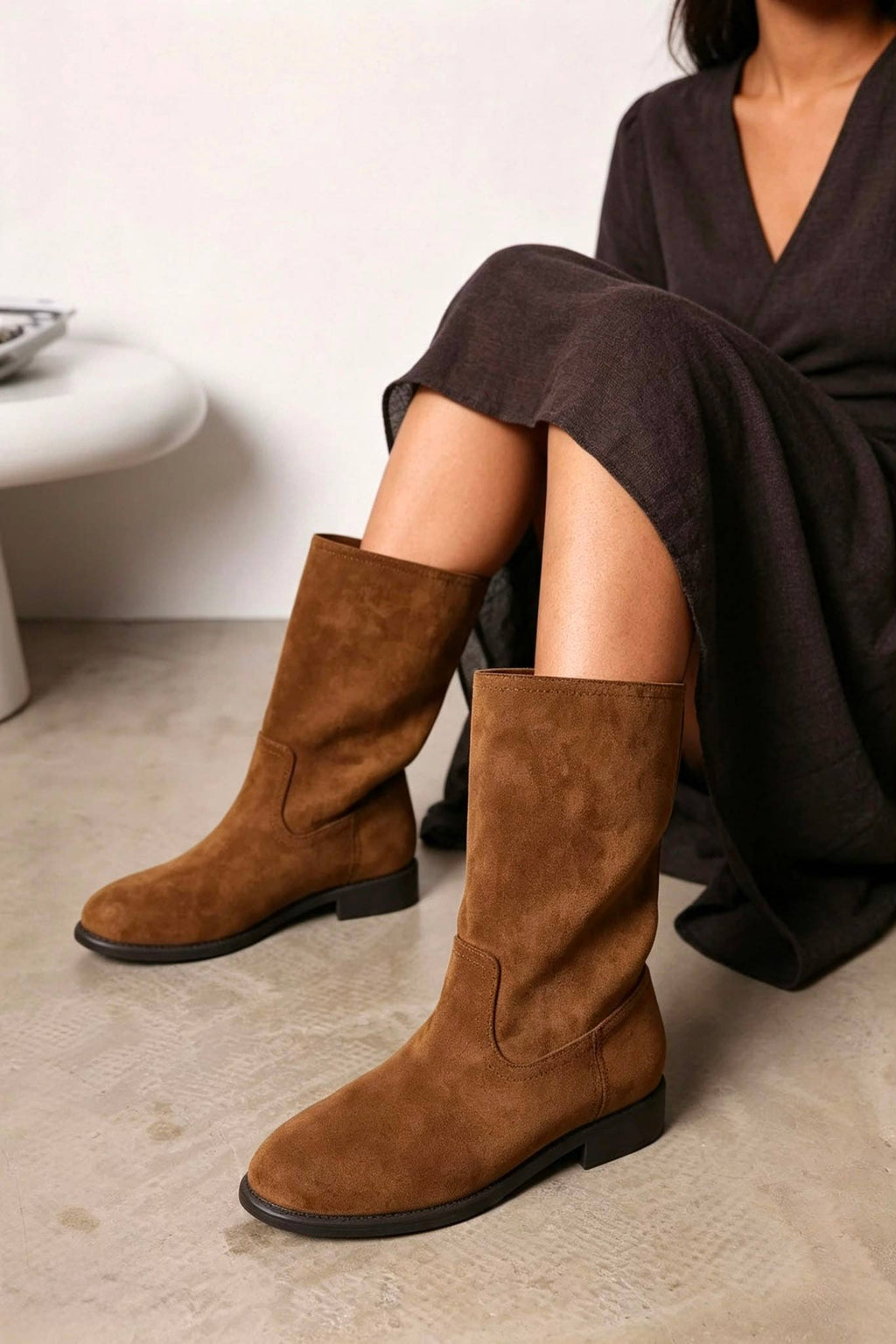 No Doubt Shoes - Designer Mid-Calf Suede Boots: KHAKI / STANDARD / UK8/US10