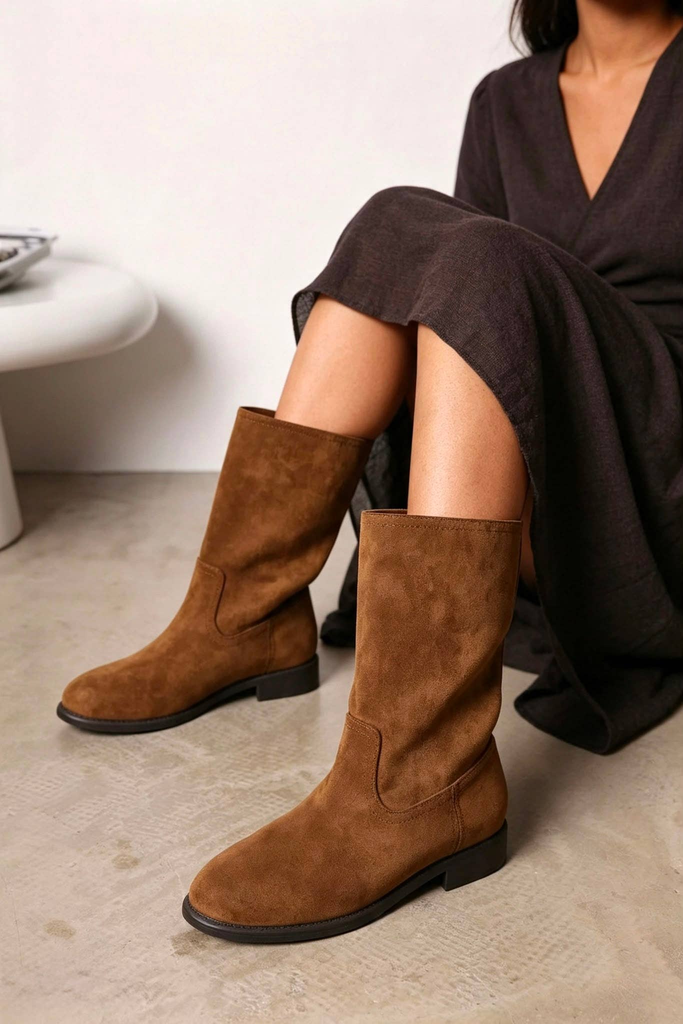 No Doubt Shoes - Designer Mid-Calf Suede Boots: KHAKI / STANDARD / UK8/US10