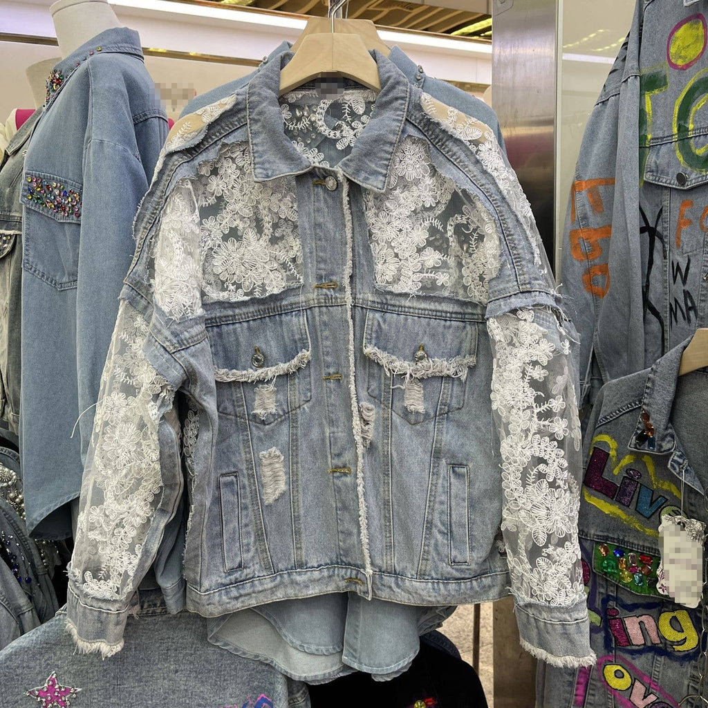 Rosa Clothing - Sheer Floral Lightweight Embroidered Lace Denim Jacket: Blue / M