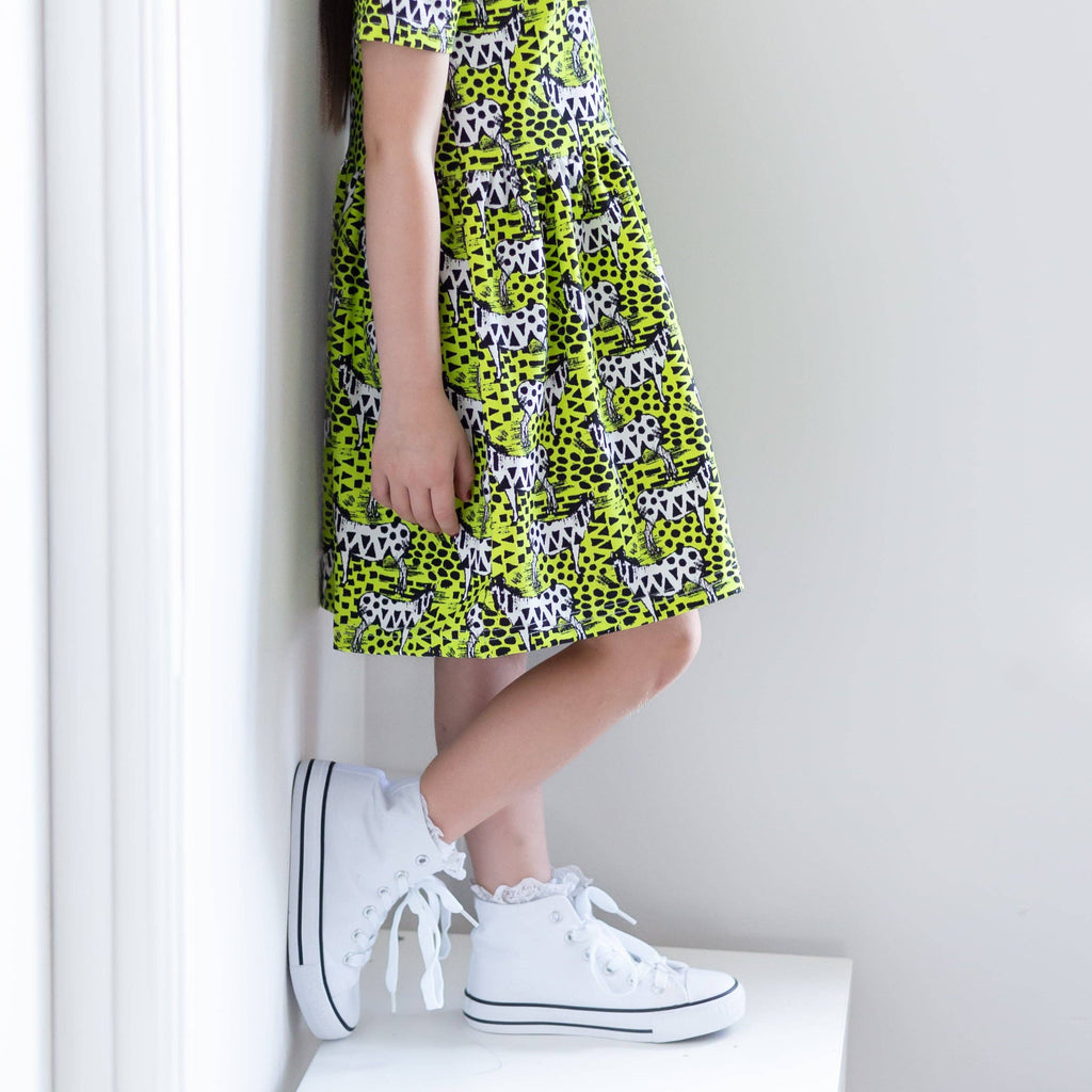 Girls Short Sleeve Cotton Dress - Neon Zebra print: 2-3 Y