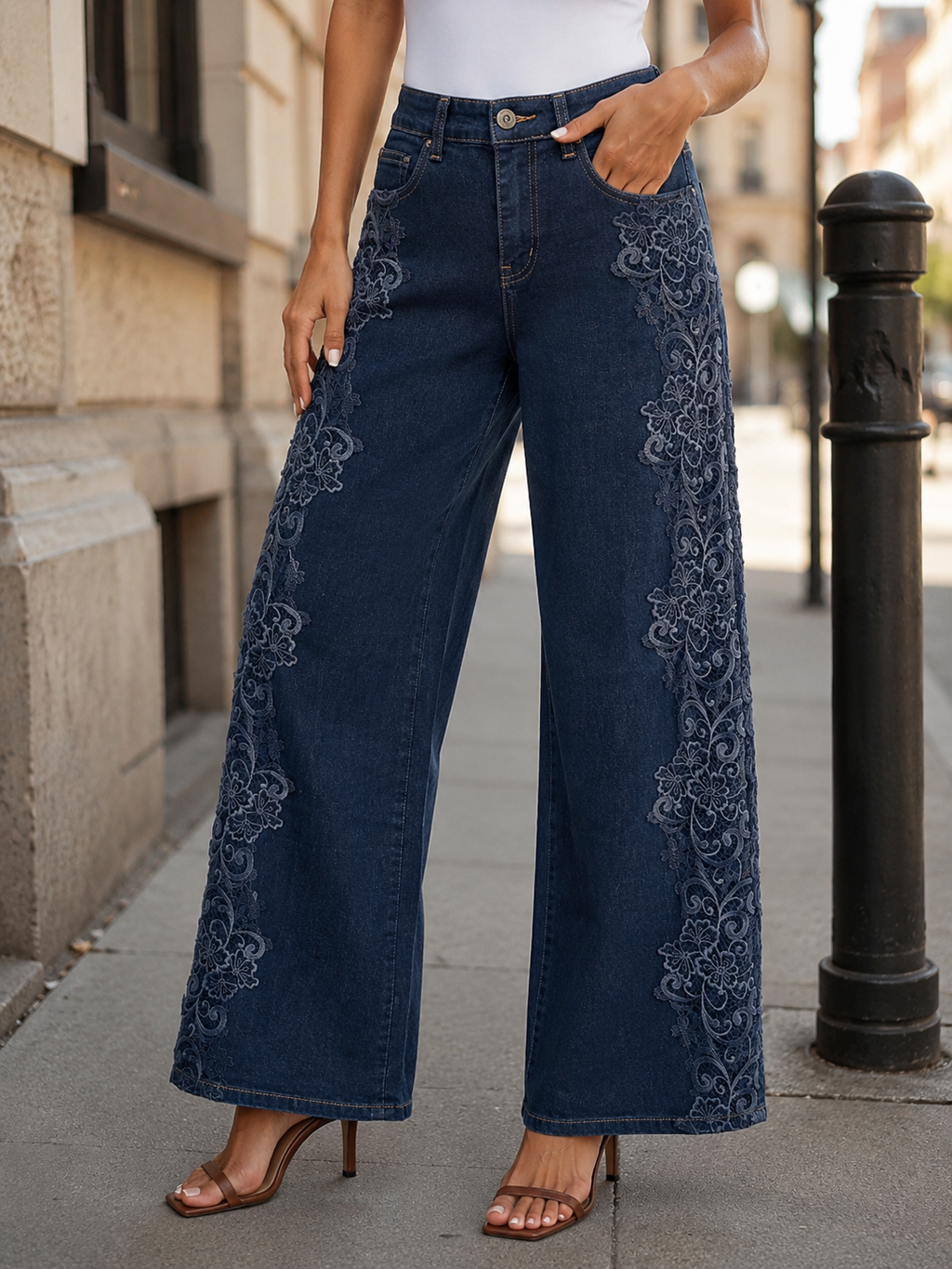 Kurt Muller - Indigo Side Lace Crochet Wide Leg Stretch Jeans