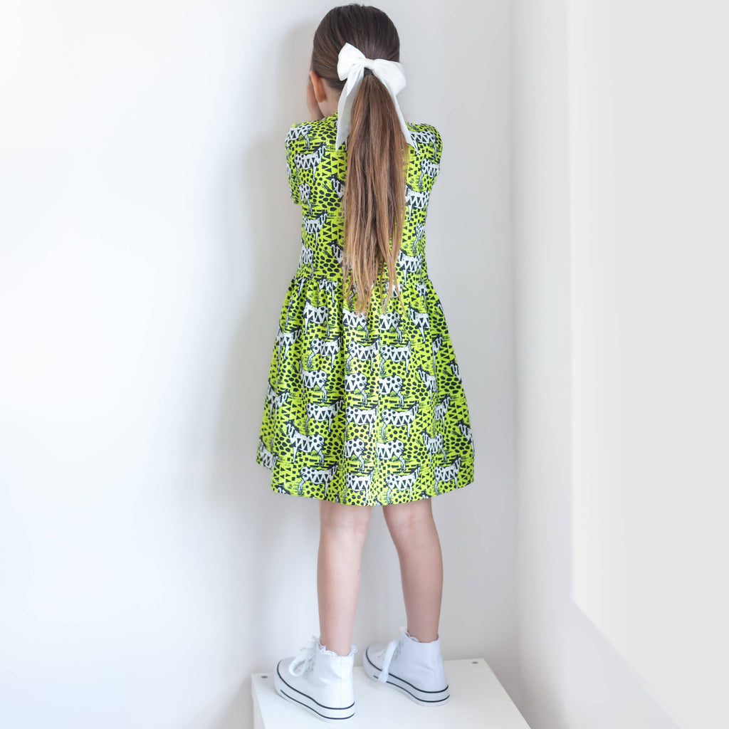 Girls Short Sleeve Cotton Dress - Neon Zebra print: 4-5 Y