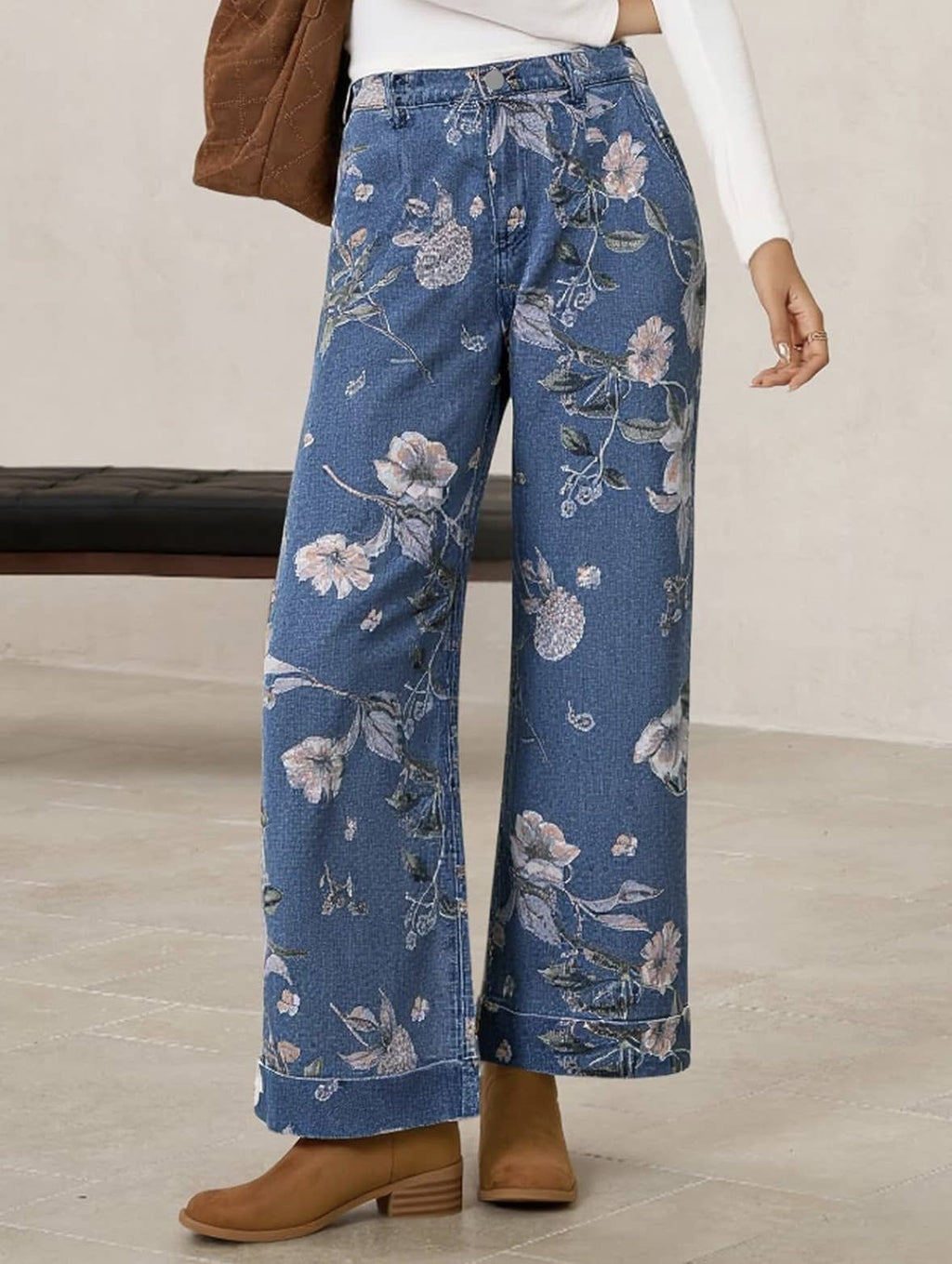 Rosa Clothing - Women Vintage Floral Print Wide Leg Jeans Boho Street Wear: Coffee / M