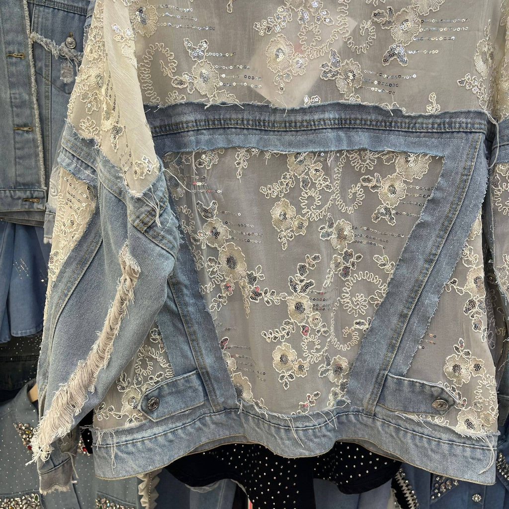 Rosa Clothing - Sheer Sequin Floral Embellished Oversized Denim Jacket: Blue / M