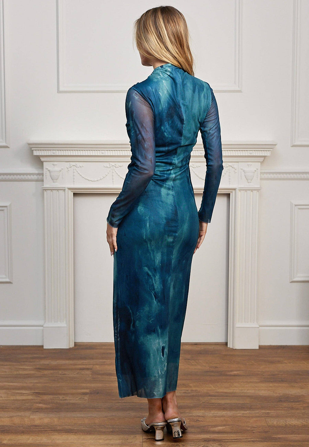 ANGELEYE - Mesh Long Sleeve Bodycon Midi Dress in Teal Watercolour: L
