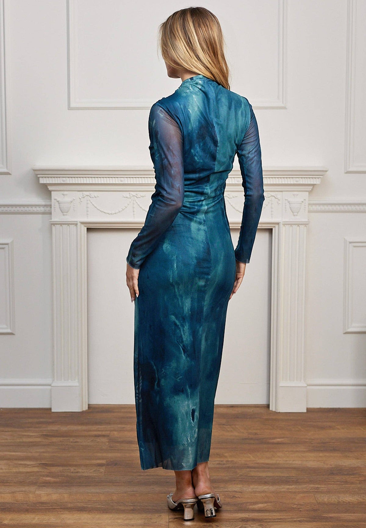 ANGELEYE - Mesh Long Sleeve Bodycon Midi Dress in Teal Watercolour: L