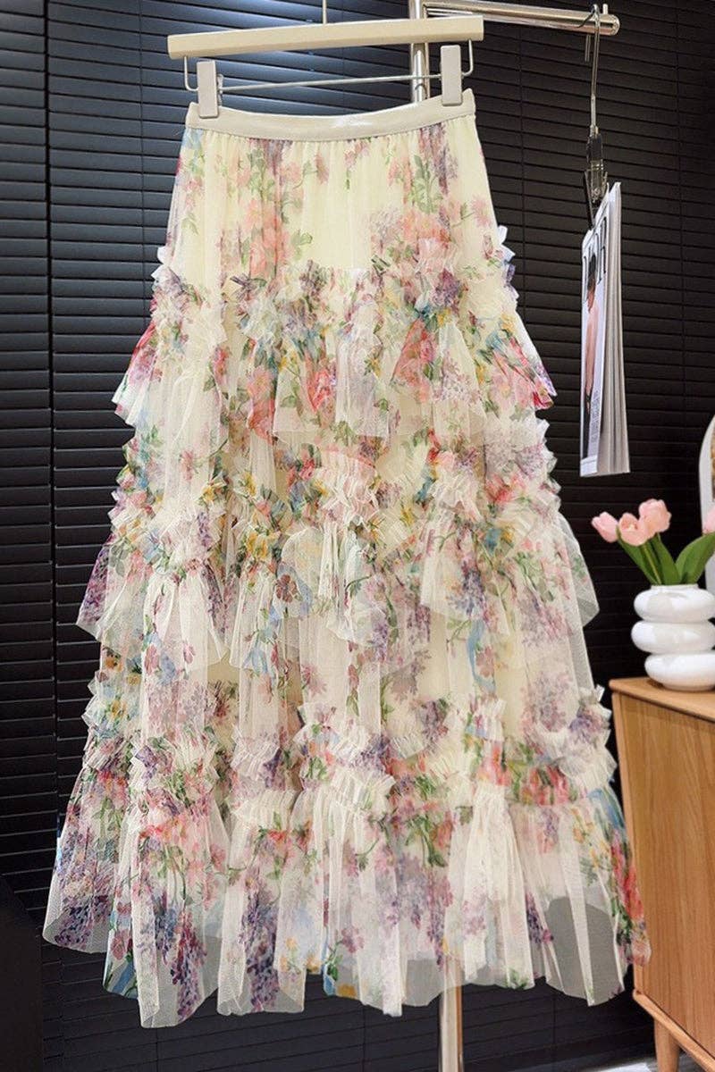 Mccolin - Tiered Floral Maxi Skirt: BLACK / One Size（90