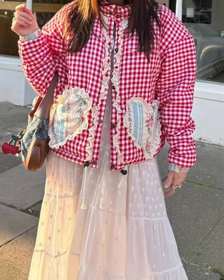 Rosa Clothing - Vintage Gingham Jacket with Heart Pockets and Lace Trim: Red / S