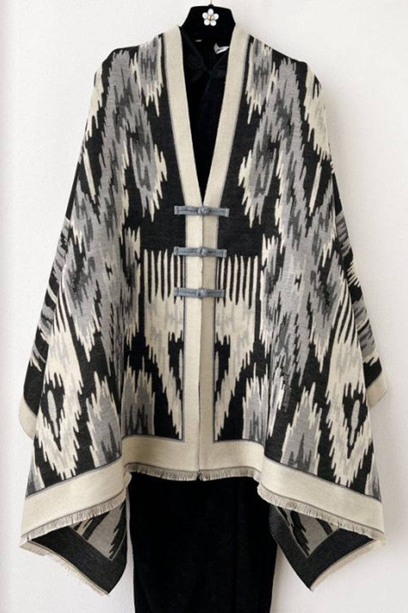Mccolin - Print Toggle Front Cape Cardigan: BLUE / One Size