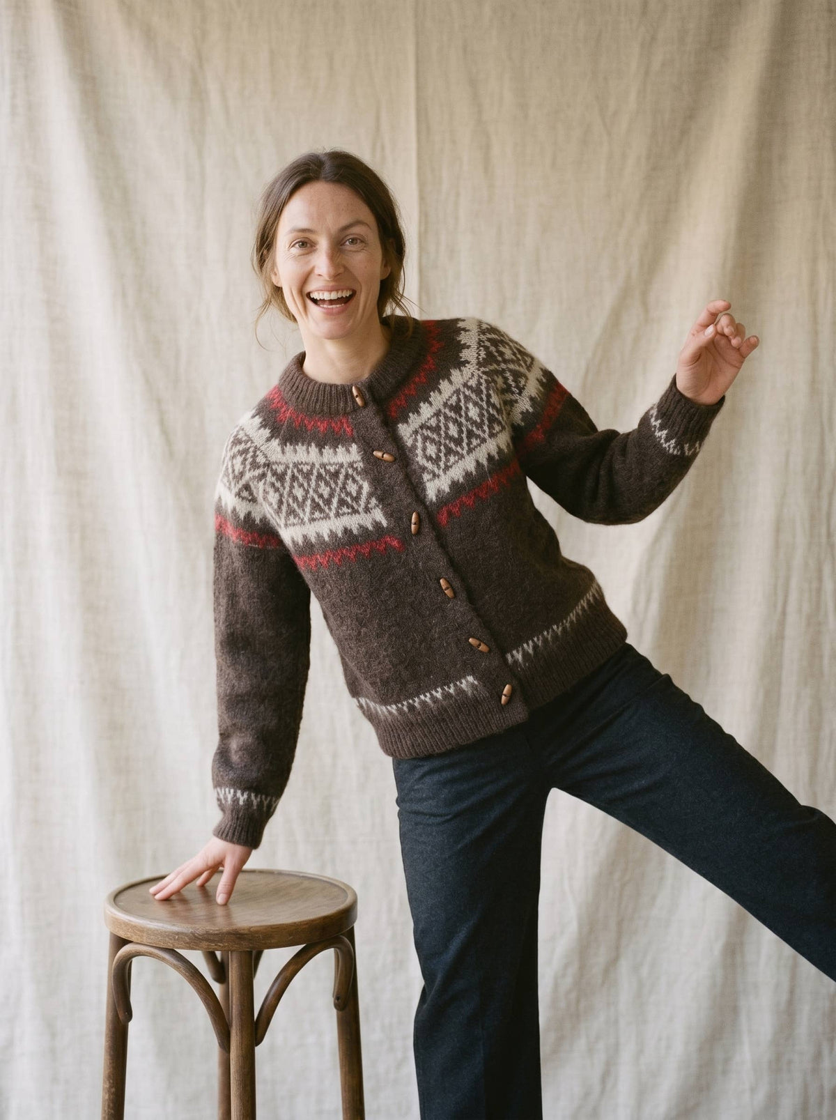 Artisans of Humanity - Cashmere Blend Fair Isle Toggle Cardigan | Chocolate Brown |